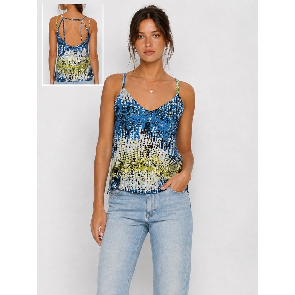 See U Soon Y2K Abstract Mosaic Print Strappy Open Back Cami Tank Top Blue Green